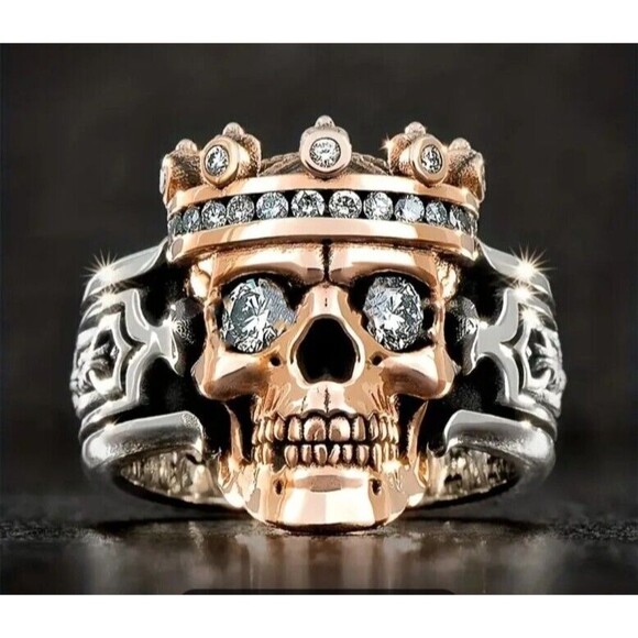 Men's Steel & Gold King SKULL Crystal Eye  Ring Size 10  Halloween Biker - Picture 1 of 7